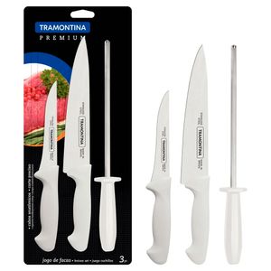 Jogo de Facas para Carne com Chaira 3 Peças em Inox e Cabo em Popropileno Branco - 24499812 - Tramontina