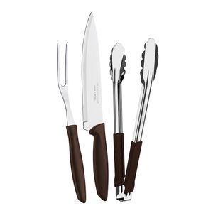 Kit para Churrasco com 3 Peças Garfo Trinchante Faca e Pegador em Inox e Cabos de Polipropileno Plenus Marrom - 23498449 - Tramontina
