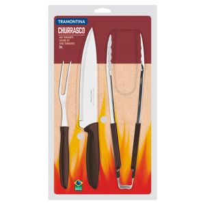 Kit para Churrasco com 3 Peças Garfo Trinchante Faca e Pegador em Inox e Cabos de Polipropileno Plenus Marrom - 23498449 - Tramontina