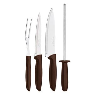 Jogo de Facas para Carne com Chaira 4 Peças em Inox e Cabo em Polipropileno Plenus Marrom - 23498436 - Tramontina