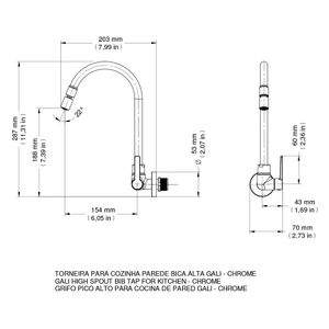 Torneira para Cozinha Parede Bica Alta Gali Cromado - 00801406 - Docol