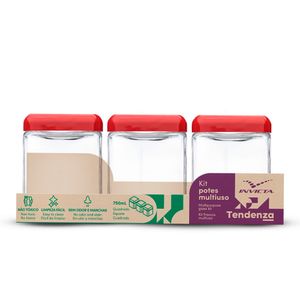 Kit Potes de Vidro Invicta Tendenza 750ml Vermelho 3 Peças