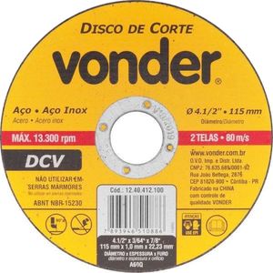 Disco de Corte Vonder DCV 115 X 1,0 X 22,23 MM 7/8"