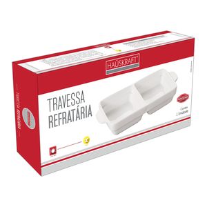 Travessa Refrataria Hauskraft Retangular Porcelana com 2 Divisorias Branca