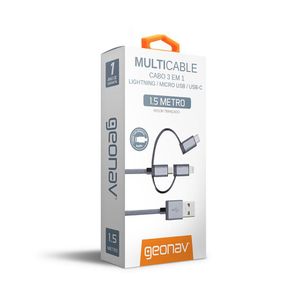 Cabo 3 em 1 Geonav Lightning MFI Micro-USB USB-C com 1,5m
