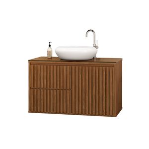 Gabinete Ripado com Cuba e Tampo de Vidro 80cm Freijó Astral Design