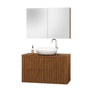 Gabinete Ripado com Cuba e Tampo de Vidro 80cm Freijó Astral Design