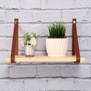 Prateleira de Pinus com Tiras de Couro Marrom 40x20CM - Dicarlo