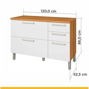 Balcão para Cozinha com 2 Portas e 3 Gavetas em MDF Burguesa Freijó e Branco 120CM - Nesher