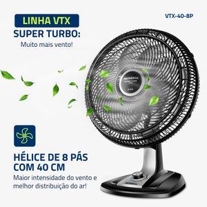 Ventilador de Mesa com 8 Pás Super Silencioso Tubo Preto e Cinza 40CM 220V 140W - VTX-40-8P - Mondial