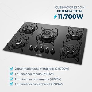 Cooktop a Gás com 5 Bocas Inox Preto - CTG-03 - Mondial