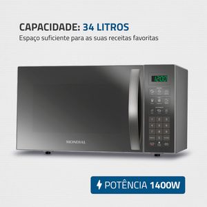 Micro-Ondas Mondial MO0234E 34 Litros Cinza Espelhado 220V com 10 Funções e Trava de Seguraça