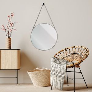 Espelho Redondo Decorativo Suspenso com Alça Branco 60CM - Arte Própria