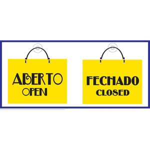 Placa Sinalizadora Emplac Aberto/Fechado Amarela Dupla Face C/ Cordão e Ventosa 20 x 15cm