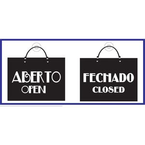 Placa Sinalizadora Emplac Aberto/Fechado Preta Dupla Face C/Cordão e Ventosa 20 x 15cm
