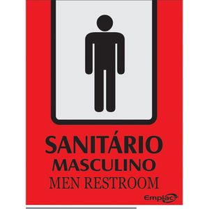 Placa Sinalizadora Emplac Sanitário Masculino Vermelho Português /Inglês 20 x 15cm