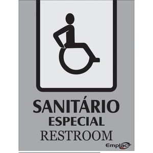Placa Sinalizadora Emplac Sanitário Especial Prata Português /Inglês 20 x 15cm