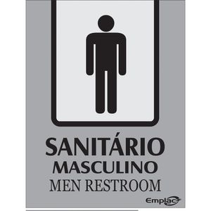 Placa Sinalizadora Emplac Sanitário Masculino Prata Português /Inglês 20 x 15cm