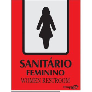 Placa Sinalizadora Emplac Sanitário Feminino Vermelha Português/Inglês 20 x 15cm