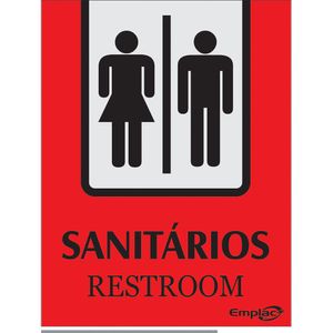 Placa Sinalizadora Emplac Sanitário Misto Vermelha Português /Inglês 20 x 15cm