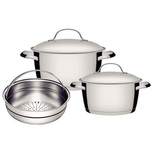 Jogo de Panelas em Aço Inox com Fundo Triplo e Tampas de Inox 3 Peças Allegra Cromado - 65660260 - Tramontina