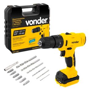 Parafusadeira e Furadeira à Bateria com Maleta 10MM 3/8" 1400RPM PFV120I Amarelo Bivolt - 6001120100 - Vonder