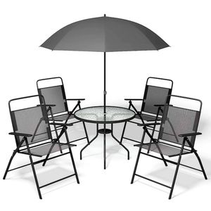 Conjunto de Mesa com Cadeiras e Ombrelone Redondo para Área Externa 6 Peças Preto - Hasiera