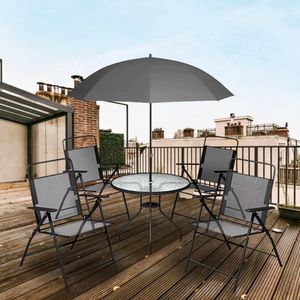 Conjunto de Mesa com Cadeiras e Ombrelone Redondo para Área Externa 6 Peças Preto - Hasiera