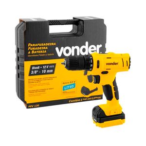 Parafusadeira e Furadeira à Bateria com Maleta 10MM 3/8" 650RPM PFV120 Amarelo Bivolt - Vonder