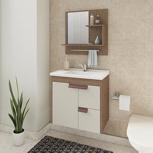 Armário Suspenso de Banheiro Mgm Tulipa 59cm Amêndoa & Off White com Espelheira
