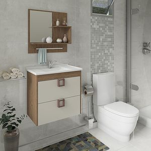 Armário Suspenso de Banheiro Mgm Lírio 59cm Amêndoa & Off White com Espelheira