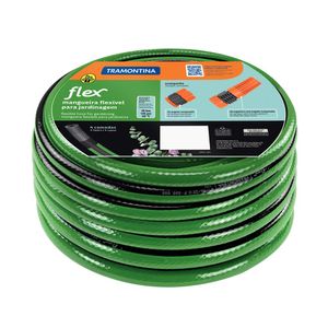 Mangueira Flex para Jardim Verde com Faixa Preta em PVC 4 Camadas 10 m com Engate Rosqueado e Esguicho Tramontina