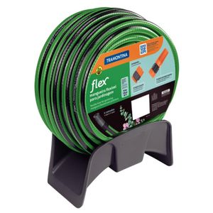 Mangueira Flex para Jardim Verde com Faixa Preta em PVC 4 Camadas 20 m com Engate Rosqueado, Esguicho e Suporte Tramontina