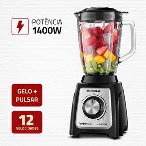 Liquidificador Mondial Turbo Glass 2,2 Litros 12 Velocidades Jarra de Vidro 1400W L-1400-GI Preto e Inox