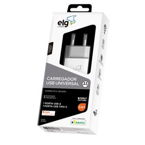 Carregador Elg Universal Usb/Tipo-C + Usb/2.1A Br W124C
