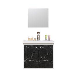 Kit gabinete CeRocha Aster com espelheira 51Cm Branco/Marmore preto