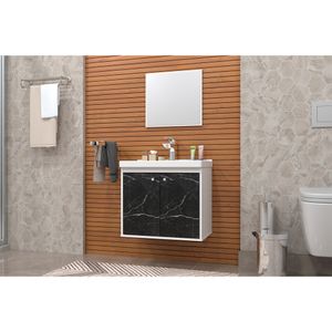 Kit gabinete CeRocha Aster com espelheira 51Cm Branco/Marmore preto
