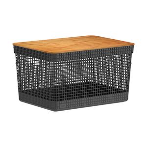 Cesto Organizador Com Tampa Grid de Bambu Preto 20L - OU