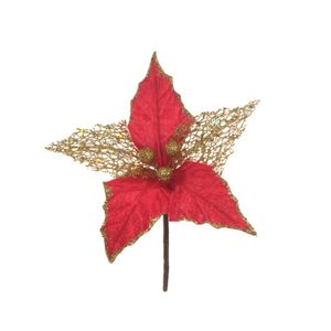 Flor Decorativa Natalina Poinsétia Dourada-Vermelha 21x10Cm Miro
