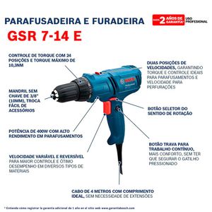 Parafusadeira E Furadeira GSR 7-14 E 400W 220V Bolsa De Lona Bosch