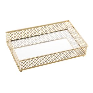 Bandeja De Metal Com Espelho Barcelona Dourada 21x13x5cm Lyor