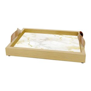 Bandeja Decorativa 20X30cm C/Vidro E Alça De Couro Marmore Art Frame