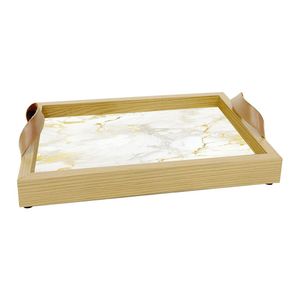 Bandeja Decorativa 20X30cm C/Vidro E Alça De Couro Marmore Art Frame