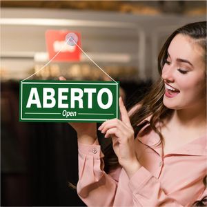 Placa De Sinalizacao - Aberto-Fechado Port-Ingles - Com Ventosa - Verde e Vermelho Poliestireno 30x10 cm Sinalize