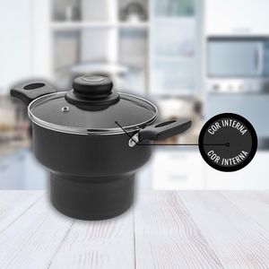 Cuscuzeira Antiaderente Com Tampa de Vidro Nº16 Preto Preto Luz Aluminio