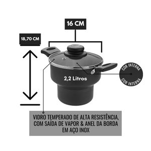 Cuscuzeira Antiaderente Com Tampa de Vidro Nº16 Preto Preto Luz Aluminio