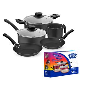Kit De Panelas Com 5 Peças 2 Frigideiras/1 leiteira/2 Panelas Preto Luz Aluminio