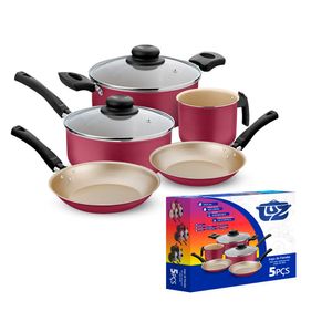 Kit De Panelas Com 5 Peças 2 Frigideiras/1 leiteira/2 Panelas Cereja Creme Luz Aluminio