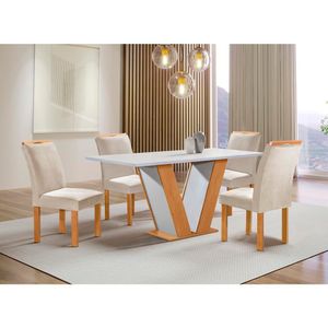 Mesa Qatar 120X0,80cm Com 4 Cadeiras Londres Tecido 169Tampo Dakota Sem Vidro Cinamomo OFF White Cel Móveis