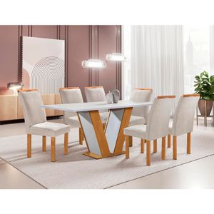 Mesa Qatar 160X0,80cm Com 6 Cadeiras Londres Tecido 169 Tampo Dakota Sem Vidro Cinamomo OFF White Cel Móveis